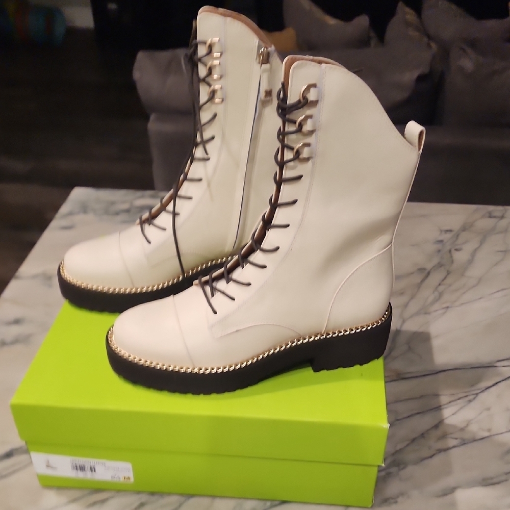 Sam Edelman White Lace-Up Boots with Black Soles